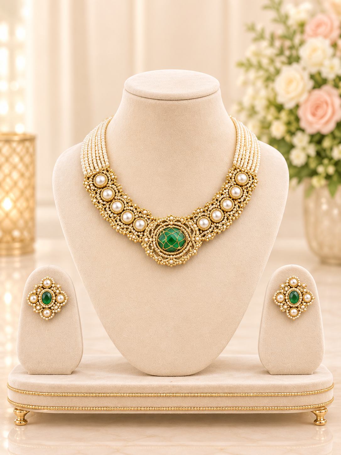 Royal Kundan Pearl Choker Necklace Set with Green Stone