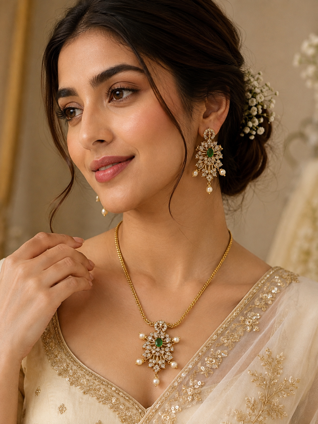 Emerald Pearl Blossom Necklace Set