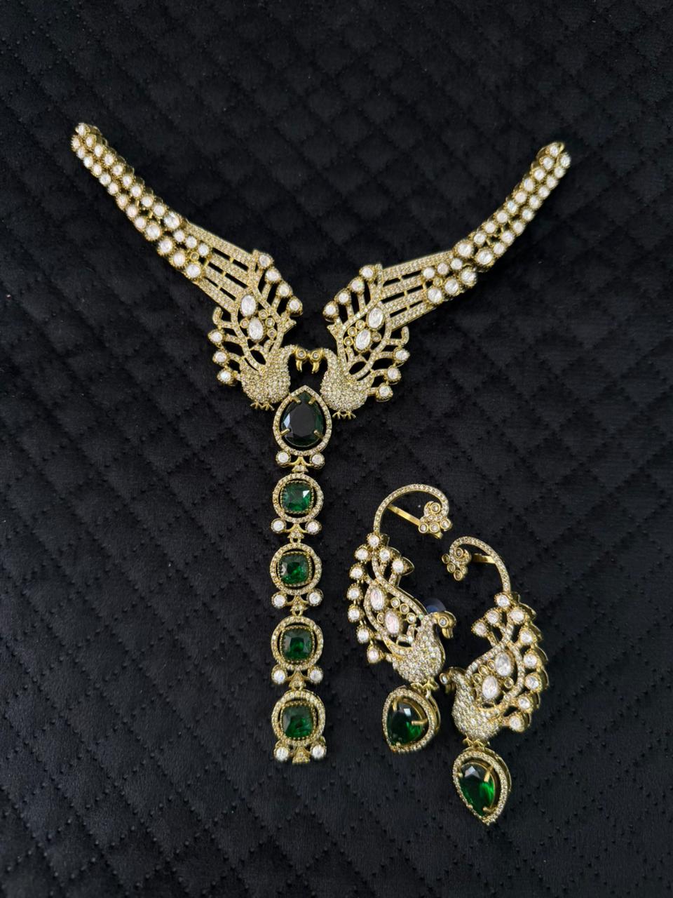 Emerald Peacock AD Bridal Necklace Set
