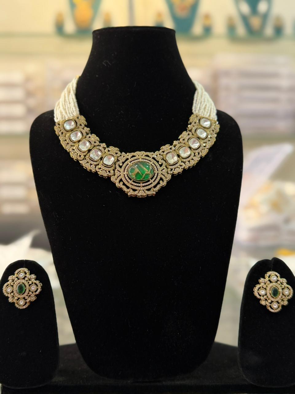 Royal Kundan Pearl Choker Necklace Set with Green Stone