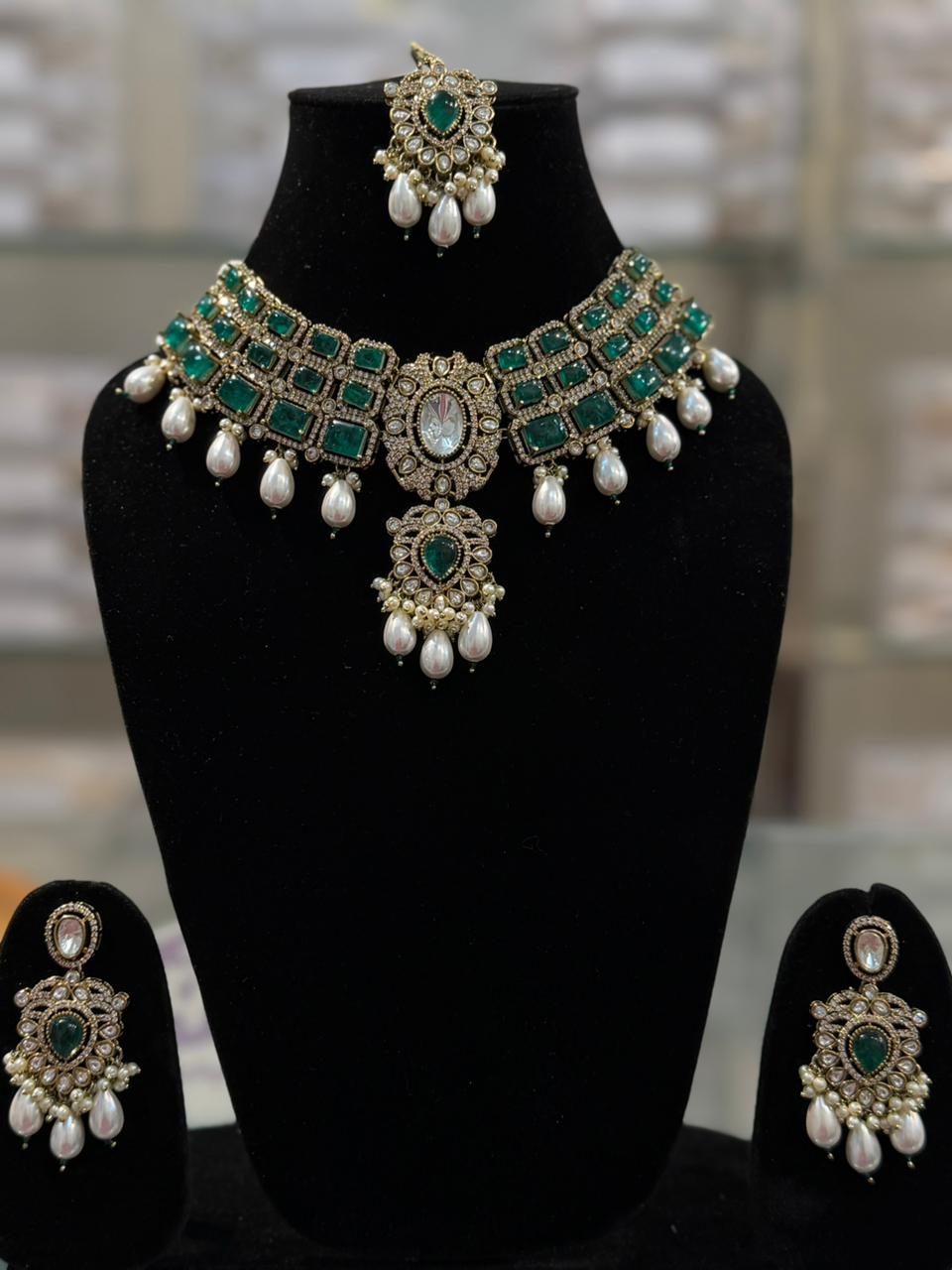 Emerald Pearl Kundan Bridal Necklace Set