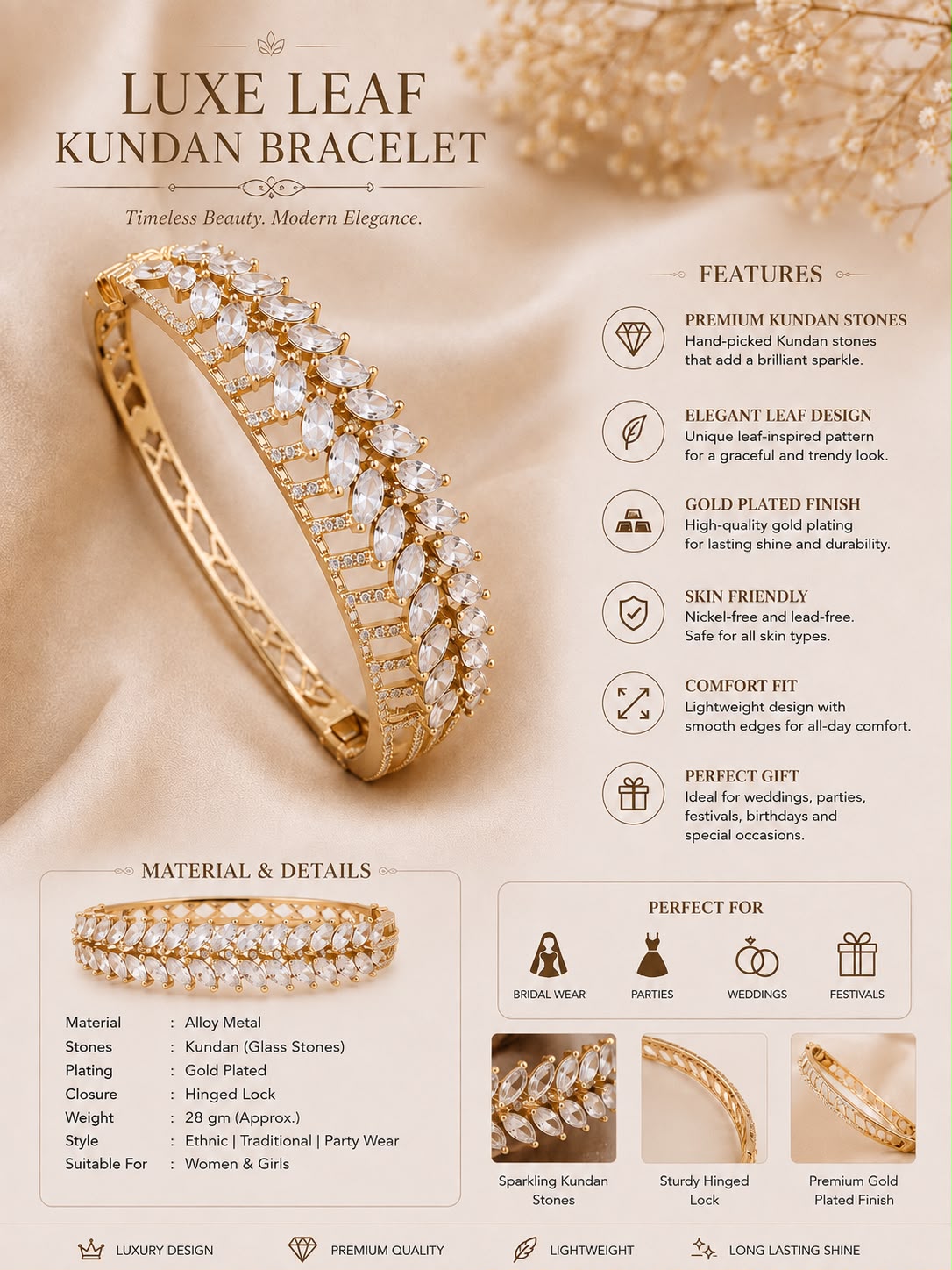 Luxe Leaf Crystal  Free Size Bracelet