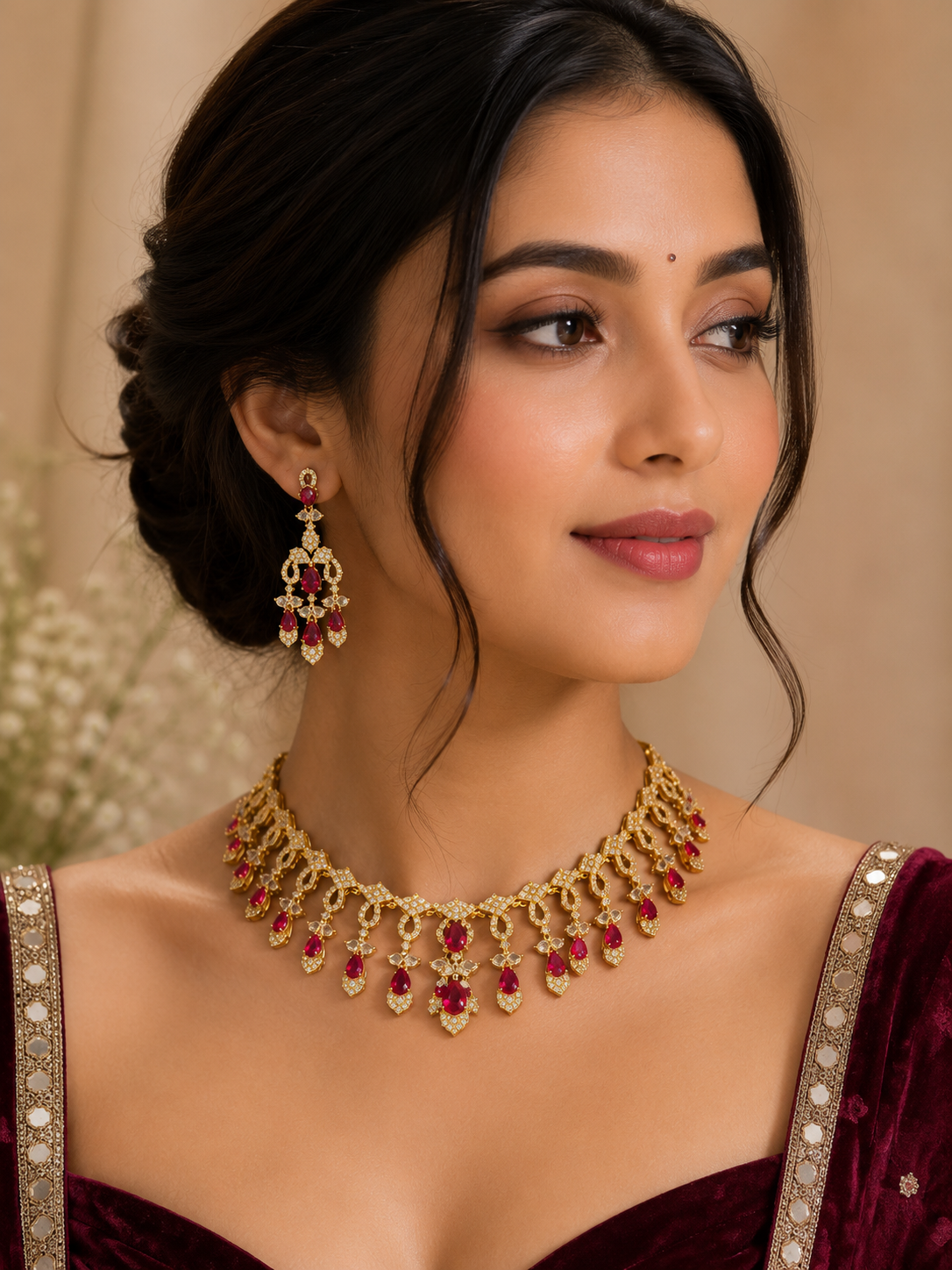 Royal Ruby Cascade American Diamond Necklace Set