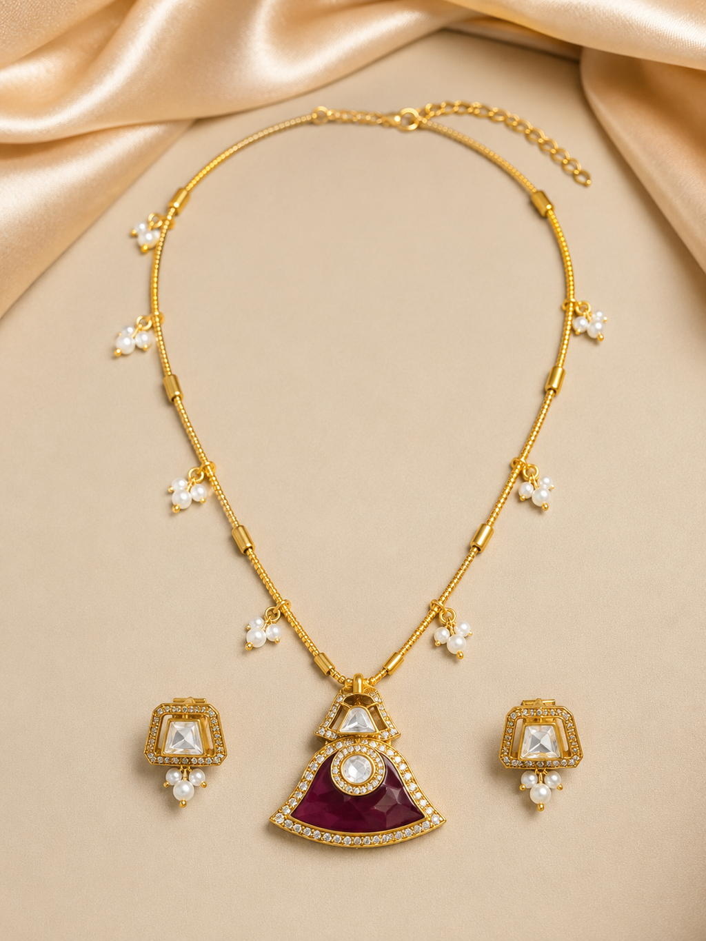 Royal Pearl Drop Temple Pendant Necklace Set