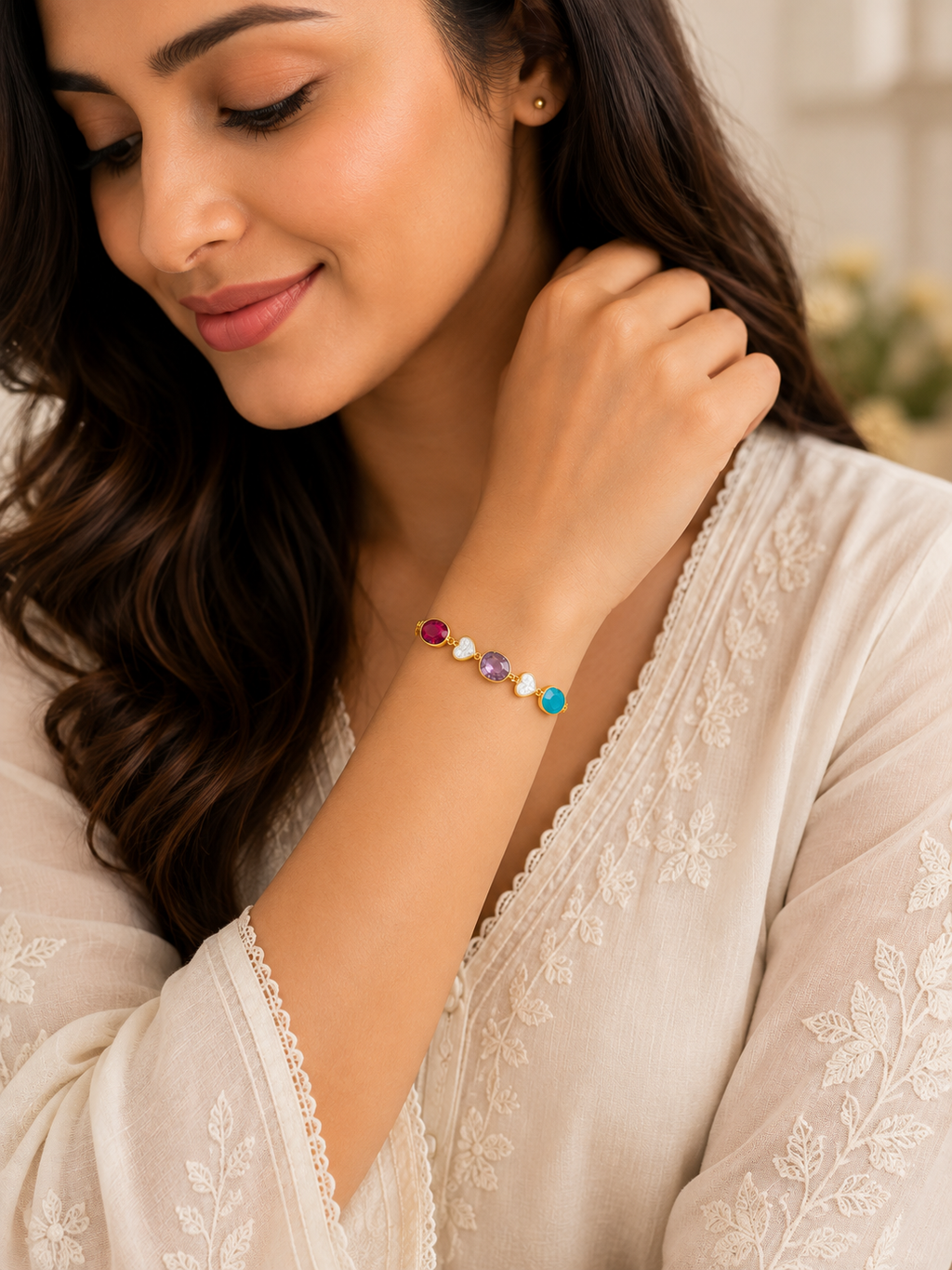 Praynil Multicolor Gemstone Heart Charm Adjustable Bracelet