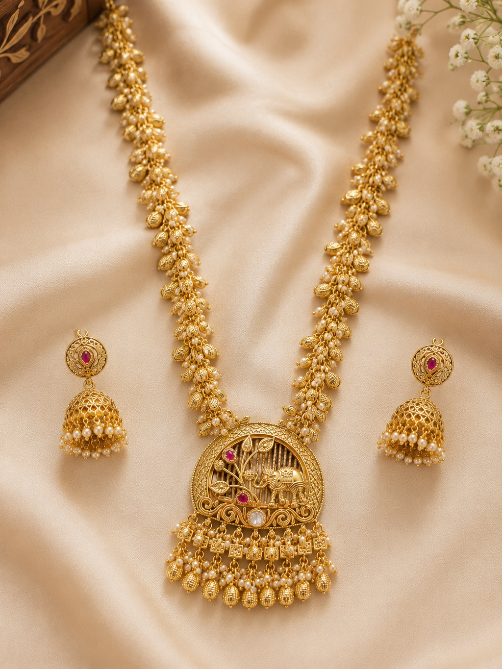 Rajwada Elephant Motif Gold-Plated Long Necklace Set with Jhumka Earrings