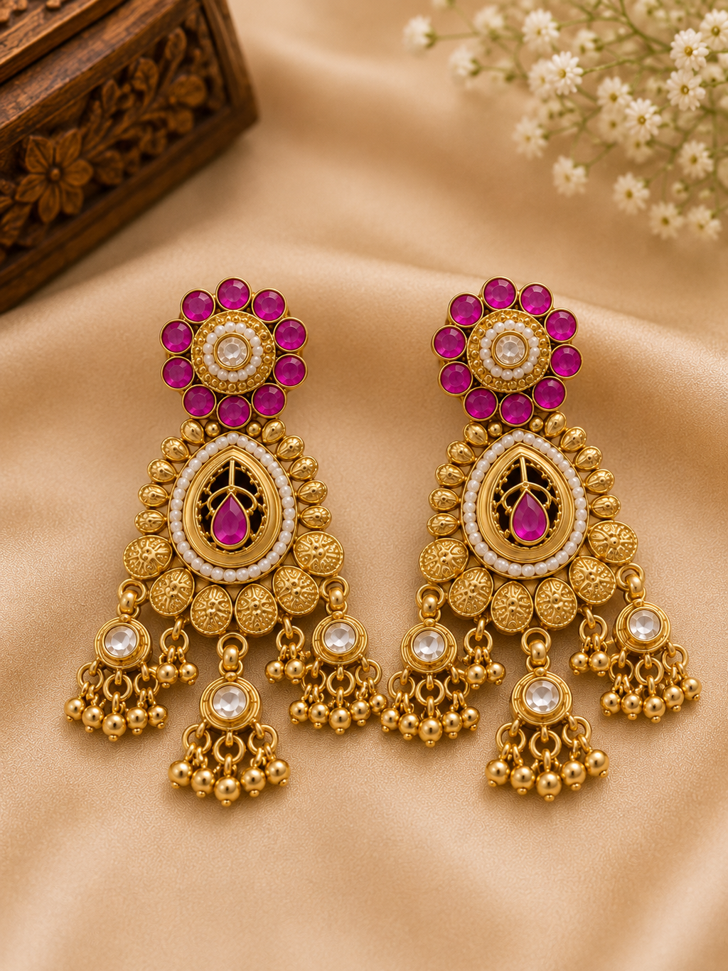 Royal Rajwadi Kundan Pink Stone Choker Necklace Set with Designer Earrings