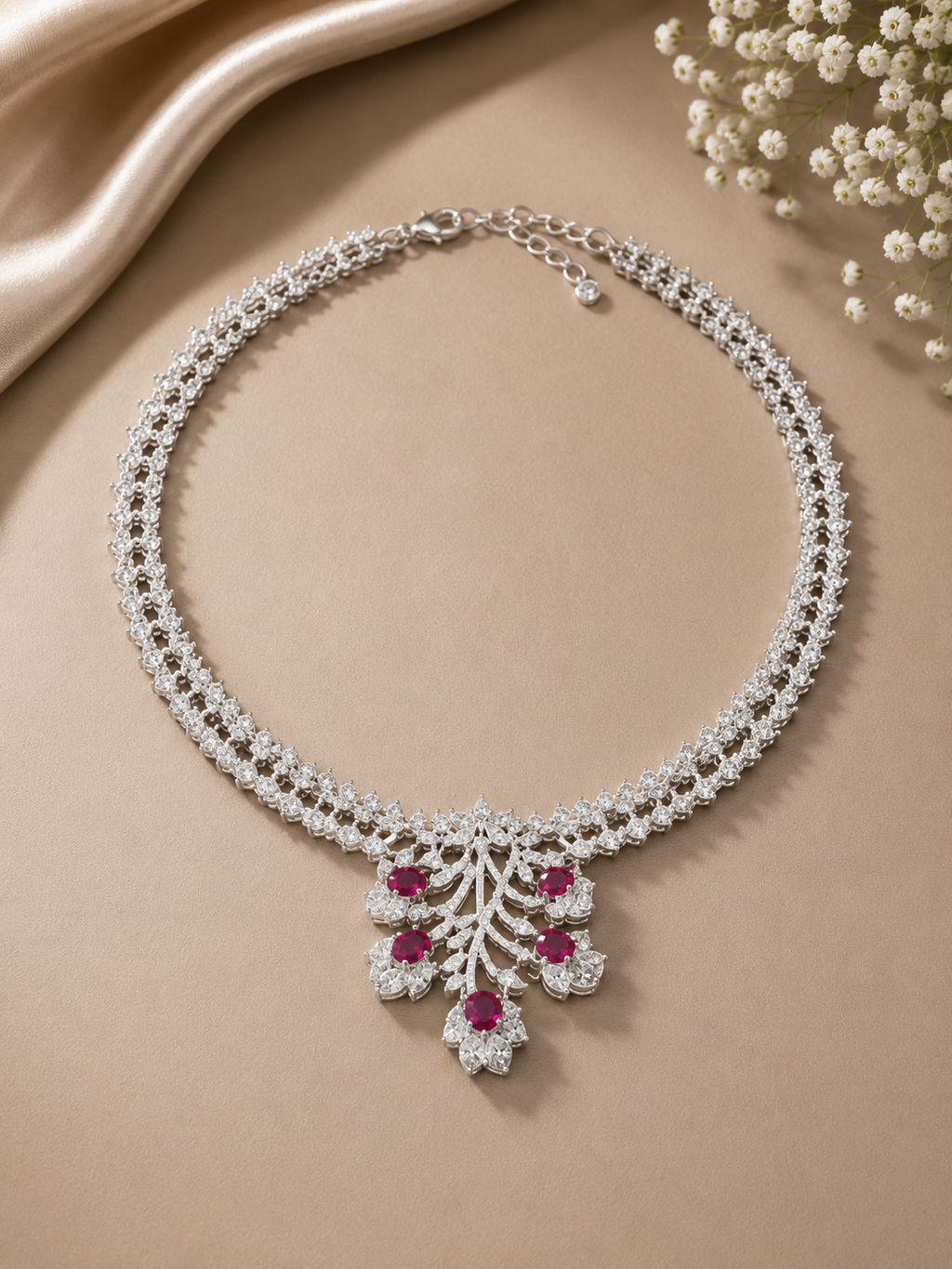 Ruby Blossom American Diamond Necklace Set