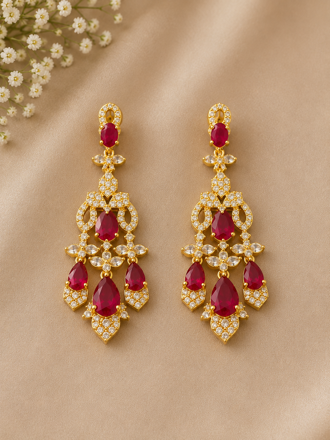 Royal Ruby Cascade American Diamond Necklace Set