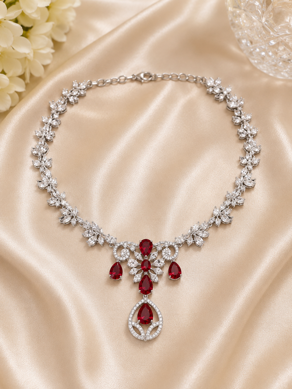 Ruby Blossom American Diamond Necklace Set