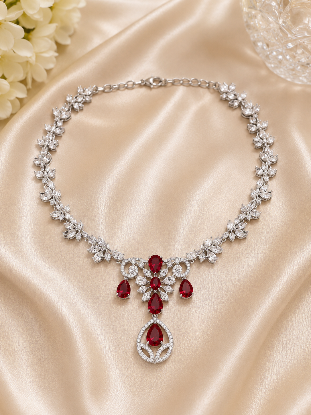Ruby Blossom American Diamond Necklace Set