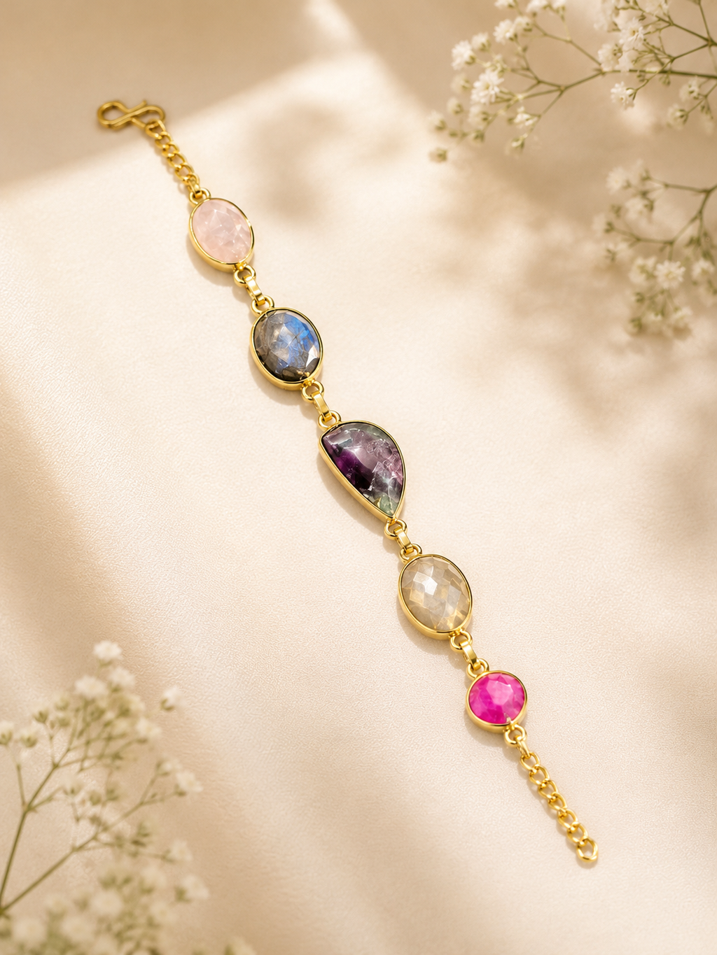 Praynil Multicolor Natural Stone Gold-Plated Adjustable Bracelet