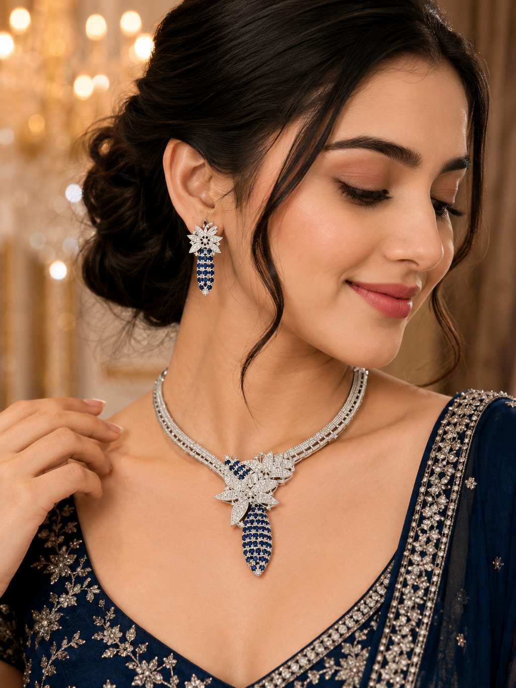 Midnight Bloom American Diamond Necklace Set