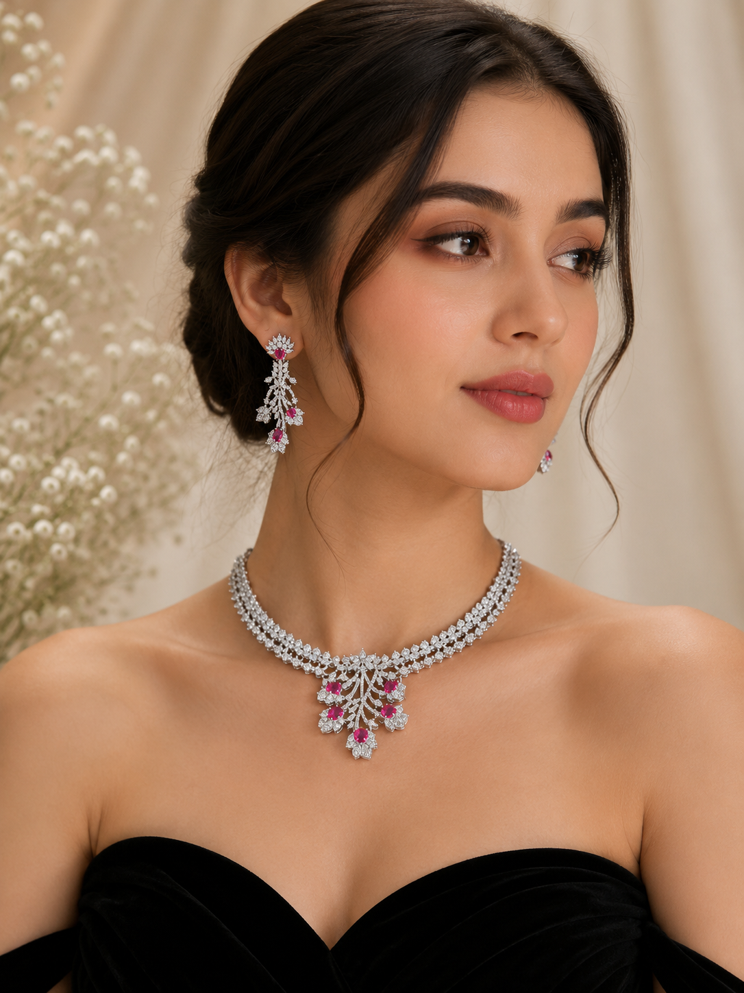 Ruby Blossom American Diamond Necklace Set