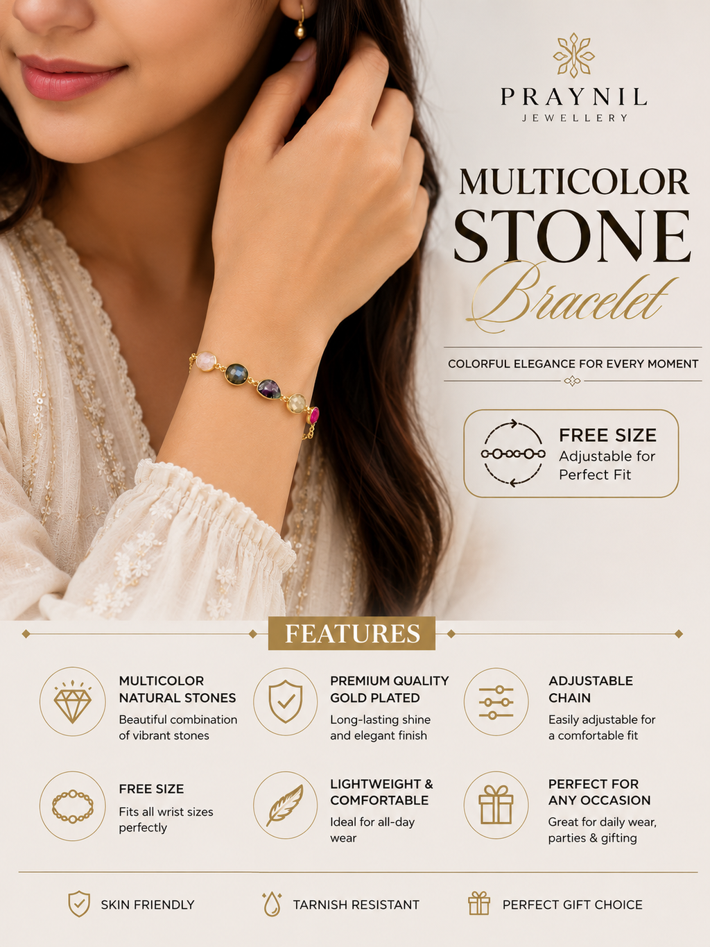 Praynil Multicolor Natural Stone Gold-Plated Adjustable Bracelet