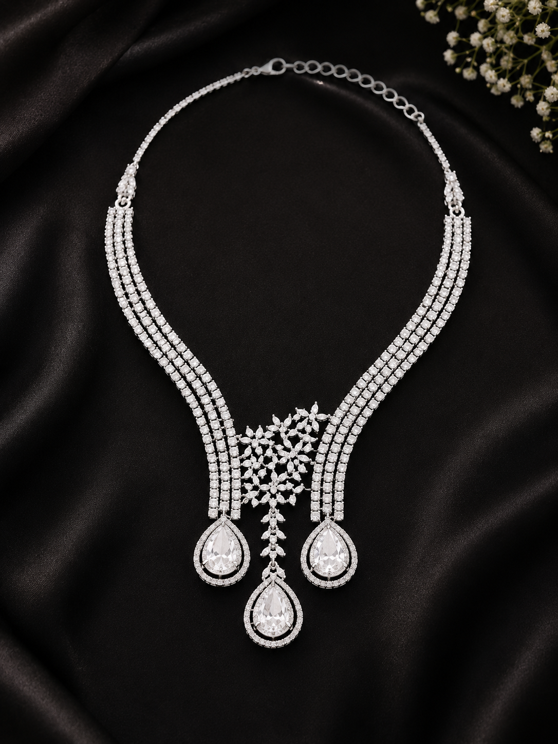 Luxury American Diamond Floral Drop Necklace Set