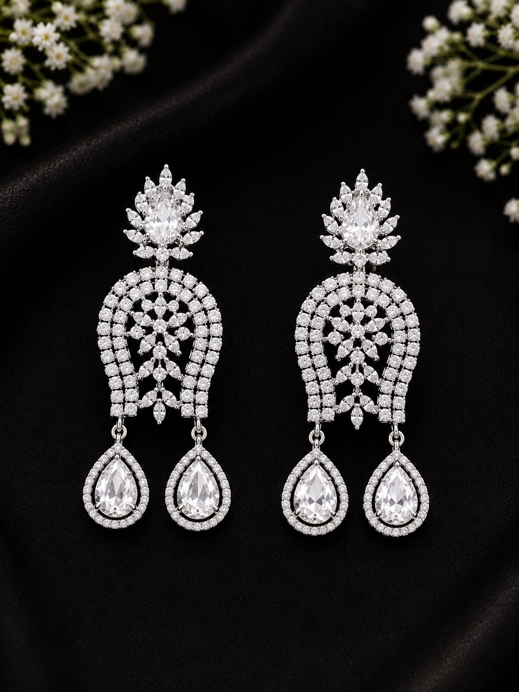 Luxury American Diamond Floral Drop Necklace Set