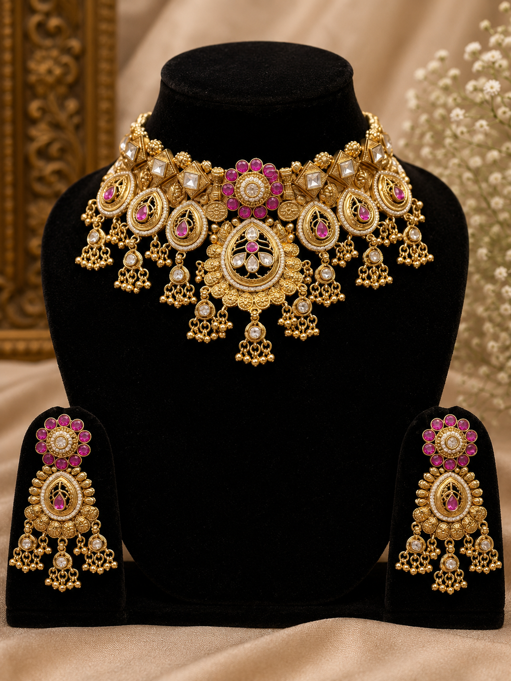 Royal Rajwadi Kundan Pink Stone Choker Necklace Set with Designer Earrings