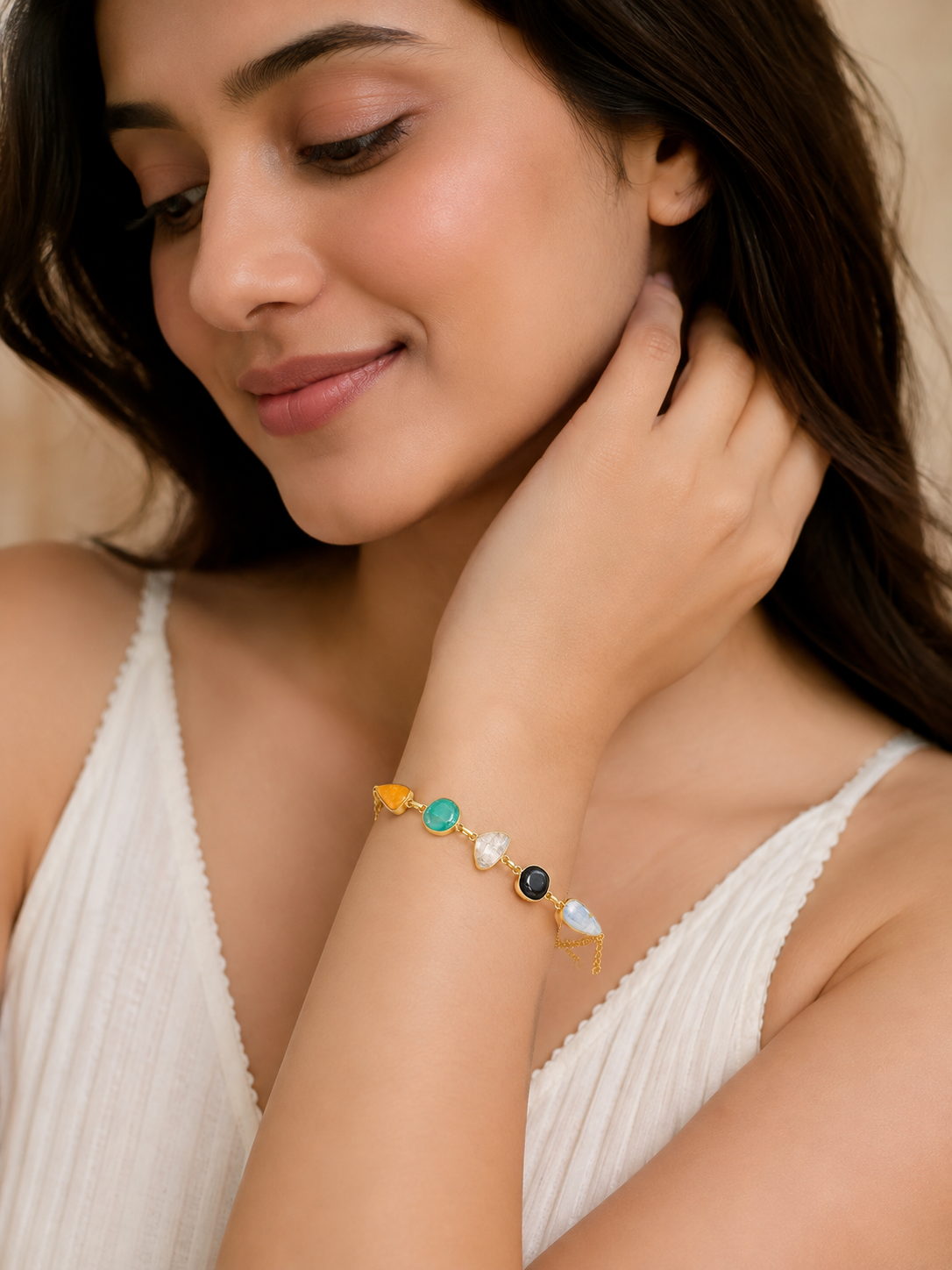 Praynil Multicolor Natural Stone Gold-Plated Adjustable Bracelet