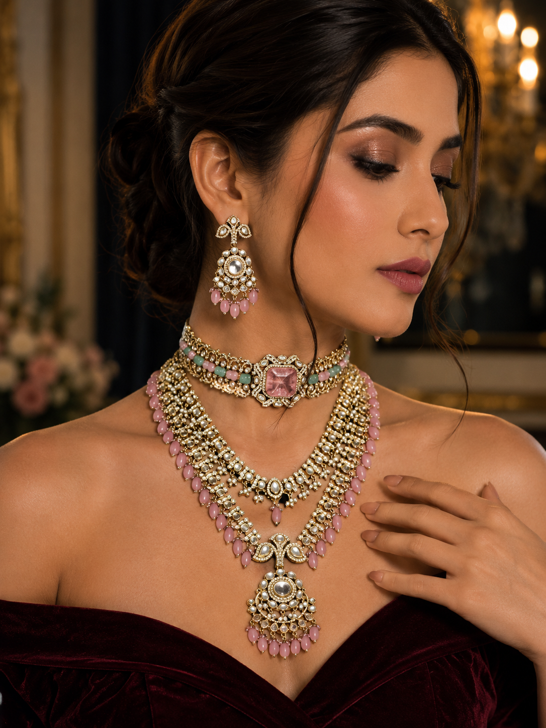 Luxury Pink Kundan Bridal Necklace Set