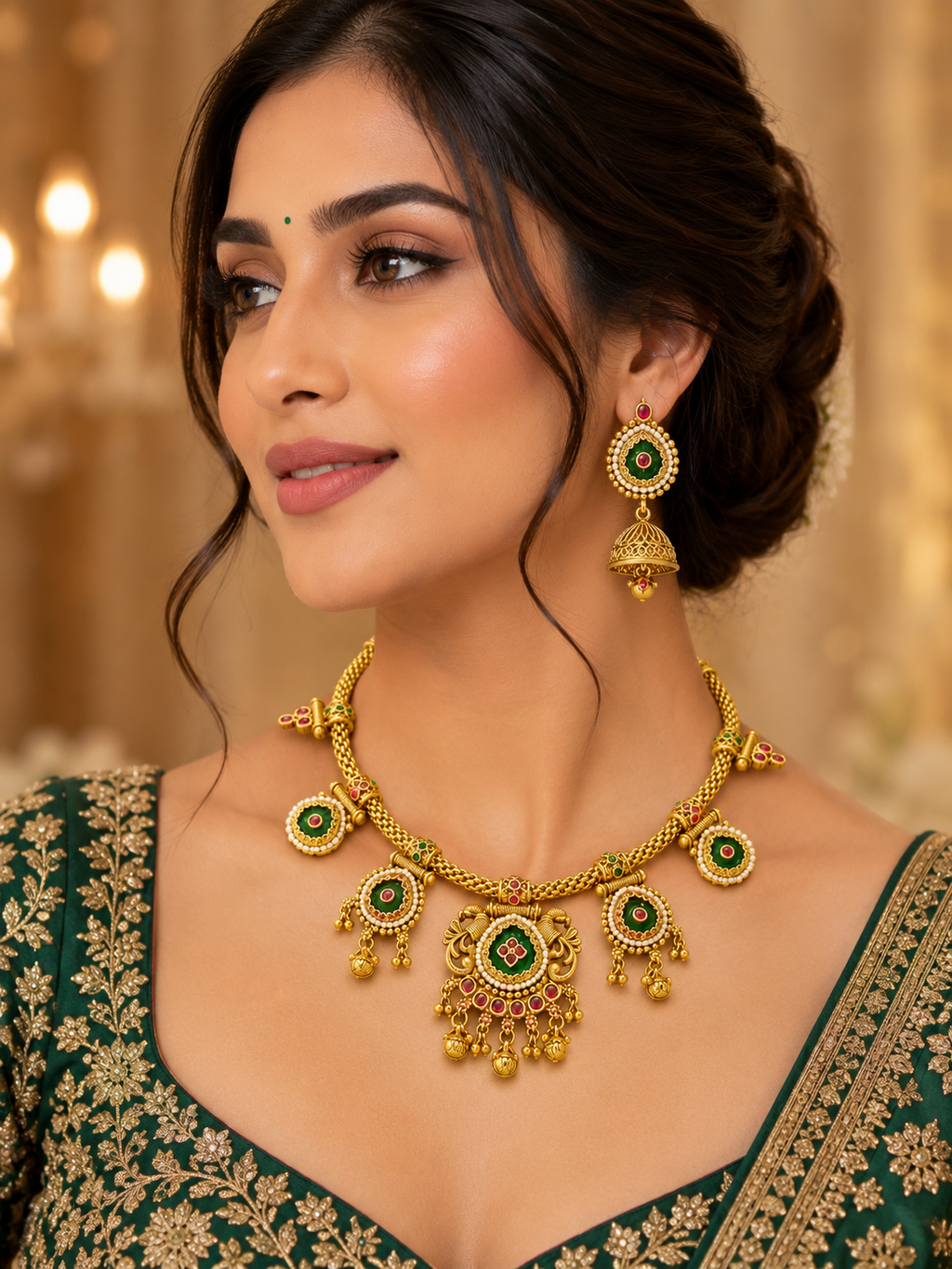 Royal Heritage Peacock Motif Antique Gold Choker Necklace Set with Jhumka Earrings